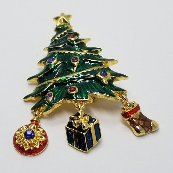 Vtg Christopher Radko Christmas Tree Pin Brooch Signed Dangle Enamel Rhinestone - Picture 7 of 9